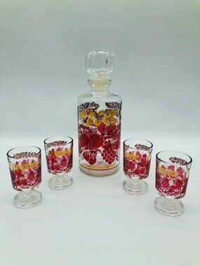Vintage Luminarc Decanter and Cordial Glasses: Gold Leaf Burgundy Fruit, 1970s